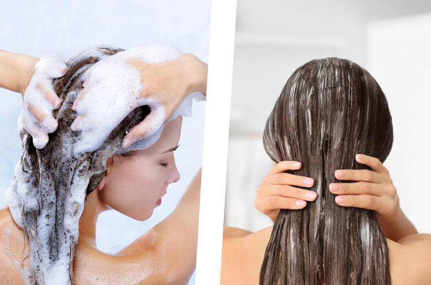 femmes de dos utilisant un après shampoing et un masque pour cheveux