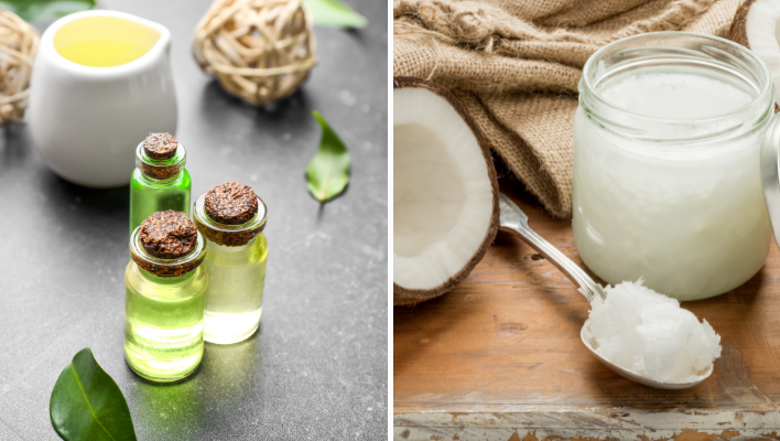 ingrédients pour bain d'huile capillaire à l'huile essentielle de tea tree et à l'huile de coco