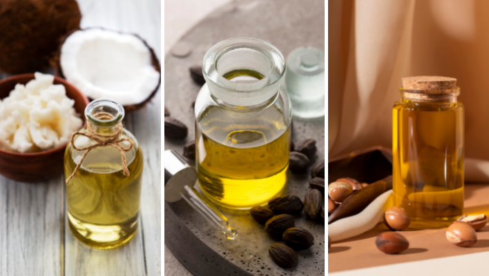 huiles de coco, de jojoba et d'argan pour bain d'huile capillaire en hiver