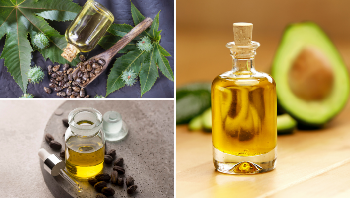 huile de ricin, huile de jojoba et huile d'avocat pour bain d'huiles capillaire pour l'été