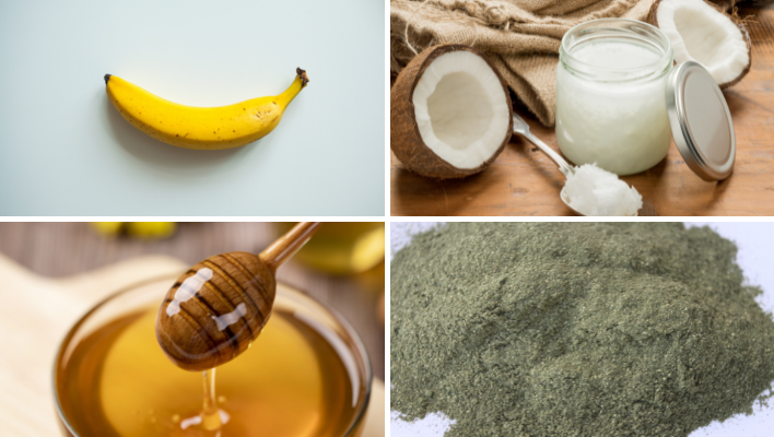 ingrédients pour masque capillaire à la banane, à l'huile de coco, au miel et à la poudre d'ortie