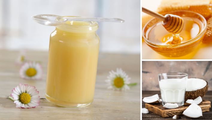 ingrédients pour masque capillaire à la gelée royale, au miel et au lait de coco