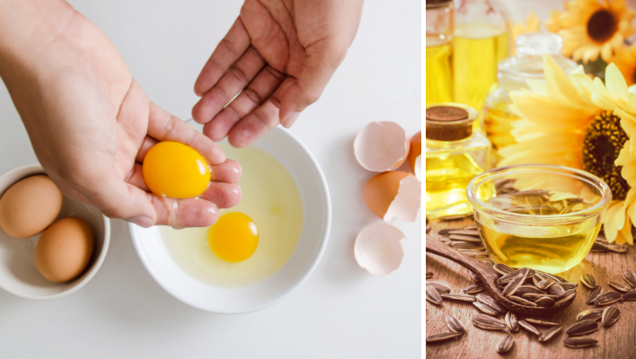 ingrédients pour masque capillaire à l'œuf et à l'huile de tournesol