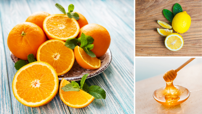 ingrédients pour masque capillaire nourrissant à l'orange, au citron et au miel