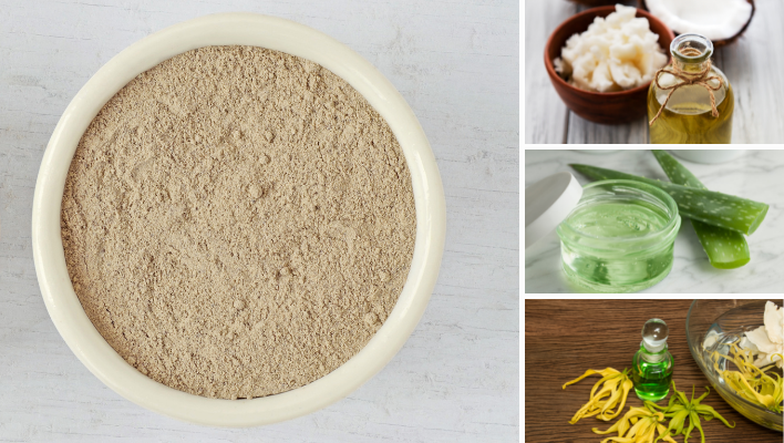 rhassoul, huile de coco, gel d'aloe vera et huile essentielle d'ylang ylang pour masque capillaire