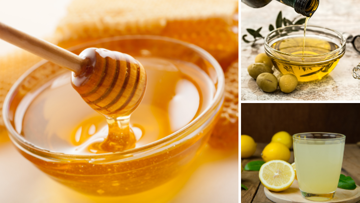 ingrédients pour masque capillaire cheveux bouclés au miel, à l'huile d'olive et jus de citron
