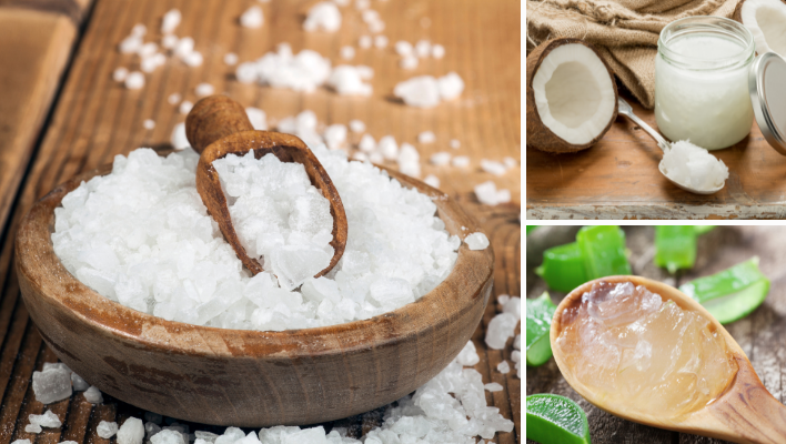 ingrédients pour soin capillaire au sel de mer, à l'huile de coco et au gel d'aloe vera