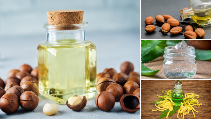 ingrédients pour masque capillaire à l'huile de macadamia, huile d'argan, gel d'aloe vera et huile essentielle d'ylang-ylang