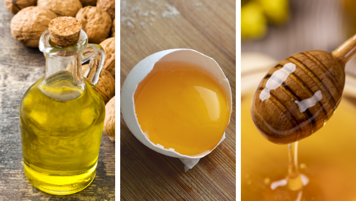 soin capillaire avec huile de noix, jaune d'œuf et cuillère à soupe de miel